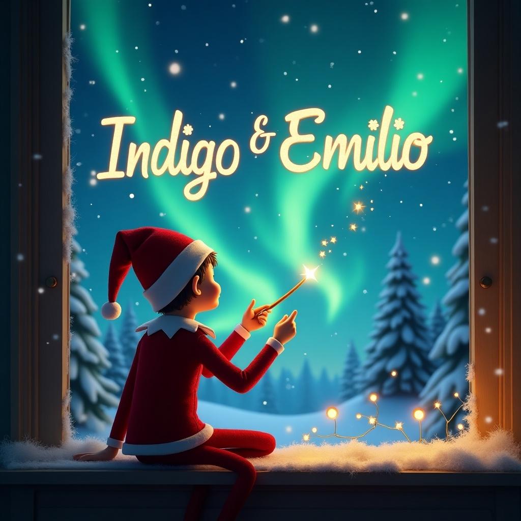 A cheerful elf sits with his back to the viewer, facing a dazzling night sky adorned with colorful northern lights. He holds a magic wand, which sparkles as he writes the names 'Indigo & Emilio' in the air. The backdrop features snow-covered trees and a cozy window setting, adding to the festive atmosphere. The elf, dressed in traditional holiday attire, is filled with wonder as he casts his spell. This enchanting scene captures the spirit of Christmas magic for children of all ages.