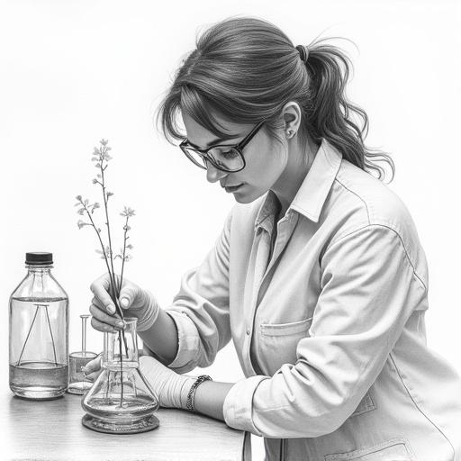 A woman in a biology lab performs an experiment. She analyzes a plant specimen. Various flasks and lab equipment are on the table. The scene captures a moment of concentration. The sketch is detailed and realistic.
