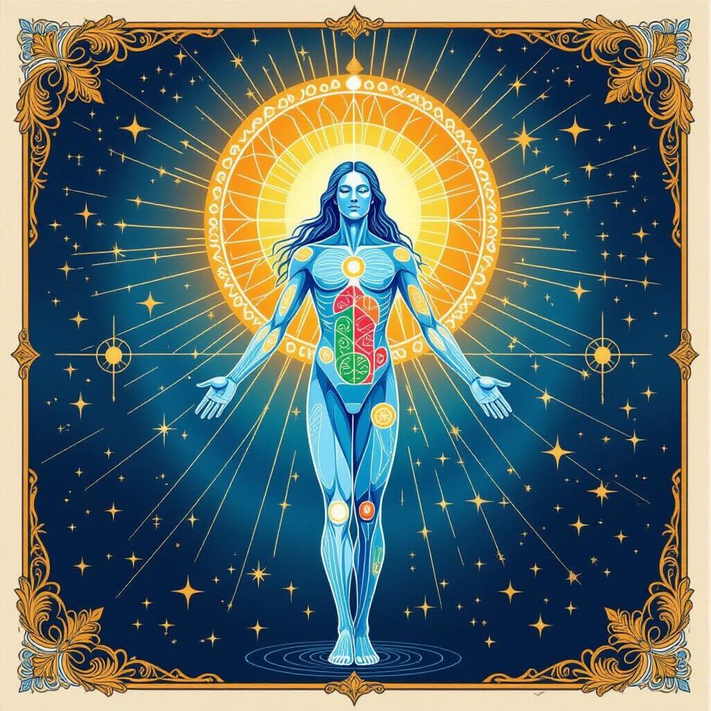 Representation of frequency medicine through artistic imagery. Human figure illustrated in blue, arms open and positioned in a radiant pose. Glowing yellow aura and stars fill the background. Symbols representing healing arts are displayed on the body.