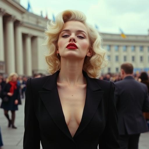 Highly realistic portrait of Marilyn Monroe featuring iconic blonde wavy hair wearing a black blazer standing in front of a government building with Ukrainian flags detailed skin texture and subtle makeup with bold red lipstick cinematic lighting and bustling crowd in the background.
