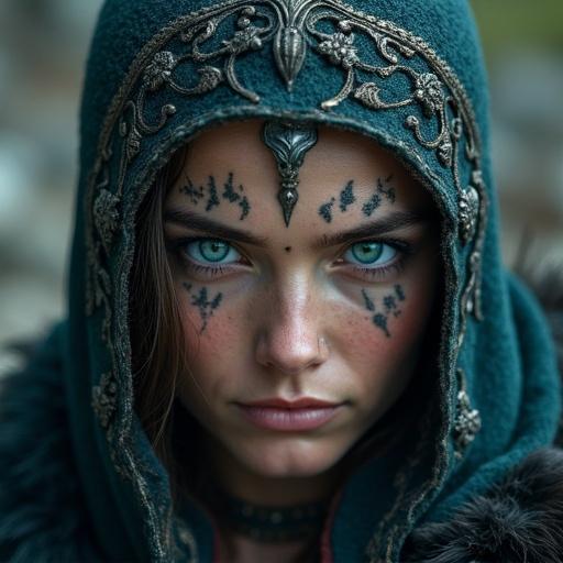 Generate an image of a Viking warrior with blue eyes and tattooed face holding a battle axe.