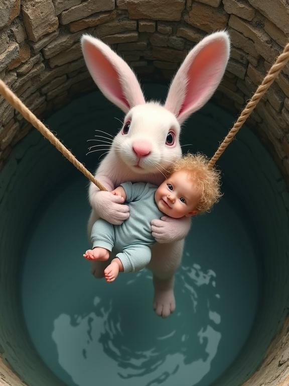 A large white rabbit in an old stone well. The rabbit is pulling itself up using a thick rope. In its other paw, it securely holds a baby wearing a light blue onesie. The baby appears calm. The camera captures this moment from above. The rabbit looks up toward the sky. The mood conveys a sense of rescue and unexpected companionship.