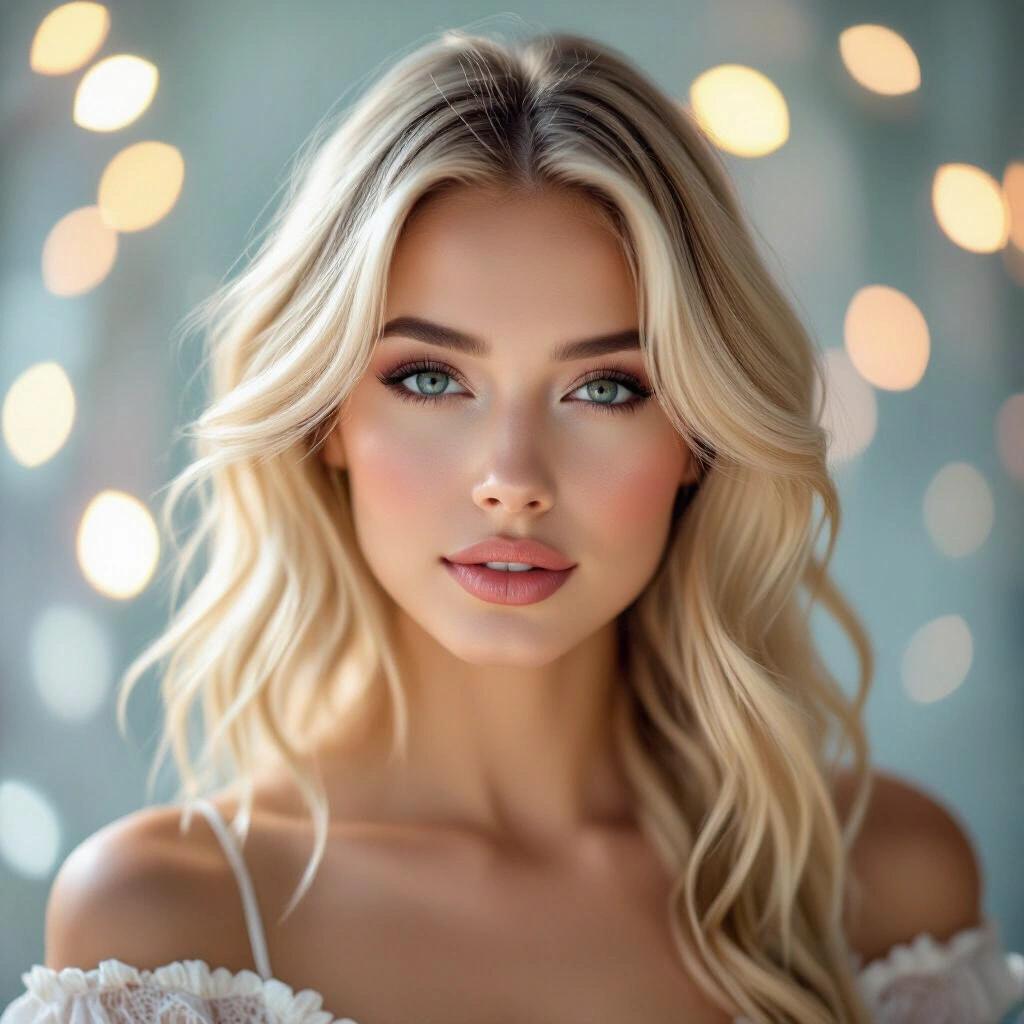 Album cover design featuring a blonde portrait with bokeh effects in the background. Soft colorful lighting creates a dreamy atmosphere with glamorous styling.