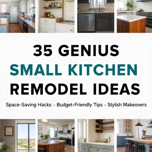 Collage of various small kitchens with different designs. Showcase minimalist modern rustic farmhouse Scandinavian styles. Include text overlay with the title, space-saving hacks and budget-friendly tips. Use a vertical format with a clean layout.