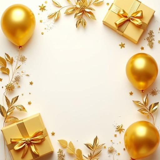 Birthday invitation design. Gold balloons surround gifts. Elegant theme with soft nude and canary yellow accents.