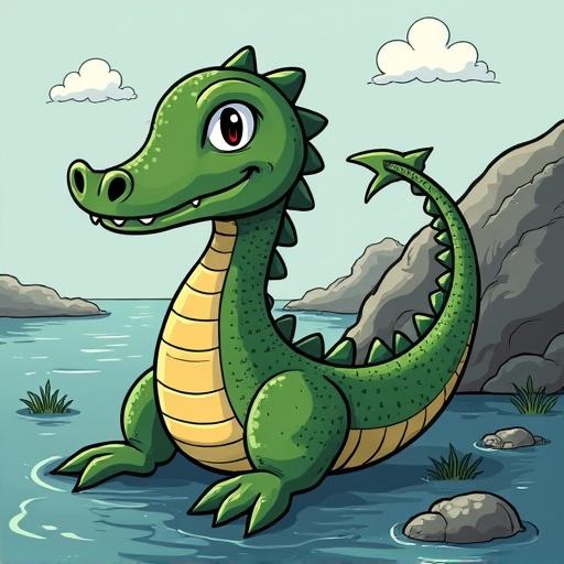 A friendly cartoon ogopogo character sitting on a lake. Features of the creature include a long, rounded body, smiling face, and green color. Background shows rocky hills and clouds to enhance the setting.