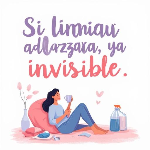 Sublimation image with sarcastic quote. Playful bouncy Spanish lettering. Woman lounging with cleaning supplies aside. Sipping coffee. Soft colors like lavender blush pink and baby blue. Minimalist scene with clean white background in PNG format.
