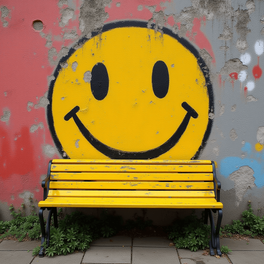 A yellow bench in front of a graffiti smiley face on a weathered wall.