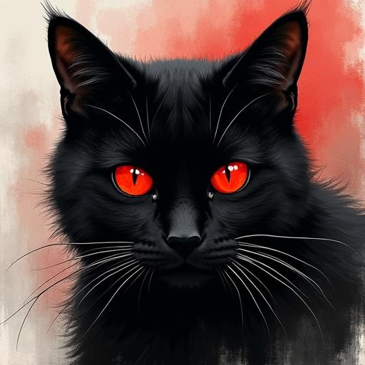 Portray a black cat with glowing red eyes in an ink painting style. The artwork emphasizes the edges and textures of the cat's silhouette against a warm backdrop.