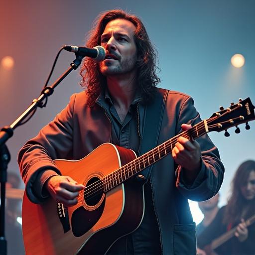 Artwork featuring a musician performing on stage with an acoustic guitar. The atmosphere is filled with soft lighting and an engaged audience in the background.