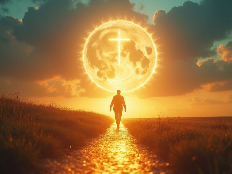 Enoch walking on a glowing path with divine visions on the horizon. Atmospheric and symbolic style with golden and blue tones. 9:16 aspect ratio.