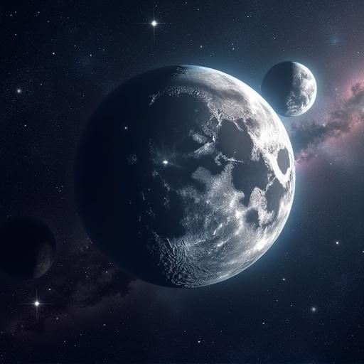Space view from the moon showing Earth and other planets in an interstellar style. Dark sky filled with stars and cosmic elements. Moon surface visible in detail.