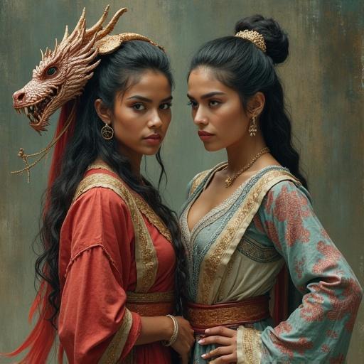 Two women dressed in warrior attire inspired by historical and fantasy elements. One woman features a dragon ornament in her hair. The setting exudes an aura of strength and mystique.