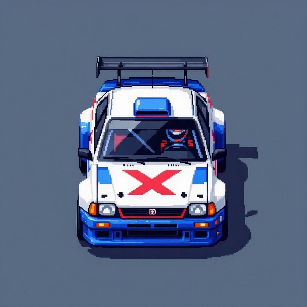Pixel art depicts a small rally car viewed from above. The car faces upwards with a white body and blue lower panels. Features a red X-shaped racing stripe on the roof. Style resembles detailed 16-bit arcade sprite art with bold outlines and a vibrant color palette. Transparent background makes it suitable for retro racing games.