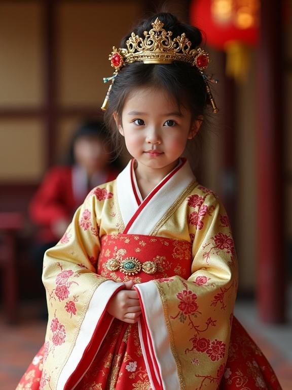 Young girl dressed as empress in royal clothing. Colorful patterns and ornate details. Full-body portrait in traditional setting.
