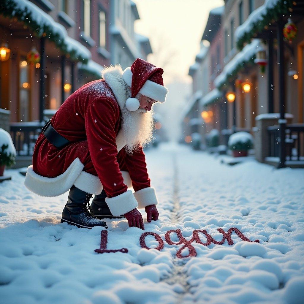 The image features Santa Claus writing the name 'Logan' in the freshly fallen snow. He is wearing traditional red and white attire, complete with a black belt and boots. The snowy street is framed by charming buildings, enhancing the festive atmosphere. Soft, diffused winter light creates a warm and inviting glow. The overall scene conveys a cheerful and festive mood, ideal for celebrating the holiday season.