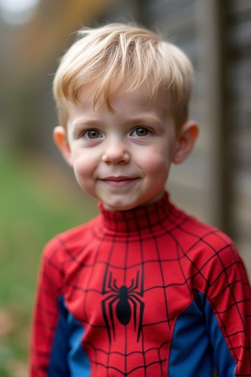 Blond four year old boy with brown eyes in a Spider-Man costume. Short hair and smiling. Spiderman pose for a birthday party flyer. Full body shot.