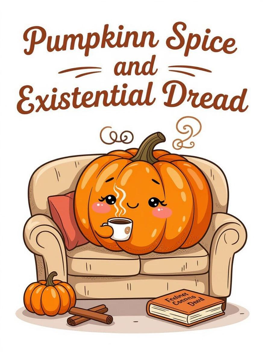 Illustration features a cute pumpkin character on a therapist's couch. Pumpkin holds a tiny coffee cup with swirly steam rising. Pumpkins beside the couch. A book titled 'Feelings Are Hard' and a cinnamon stick are present. The phrase 'Pumpkin Spice and Existential Dread' written above in whimsical font. Drawn in warm autumn colors. Background is transparent. No border or white outline.