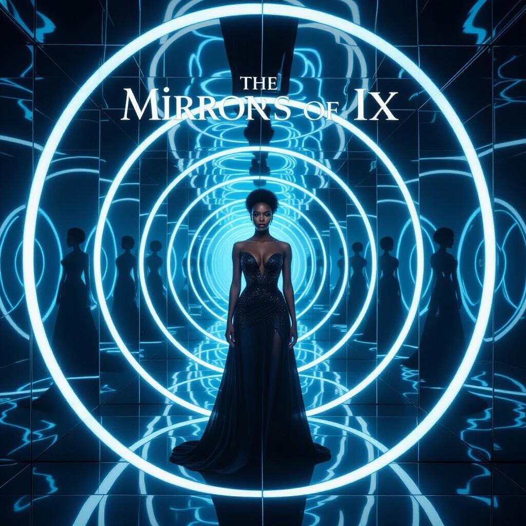 Movie poster for The Mirrors of IX. Title appears in Fractal serif, reflected infinitely. Woman in a black gown stands in a circular mirrored chamber. Reflections warping into alien shapes. Cool LED lighting and reflective distortions.