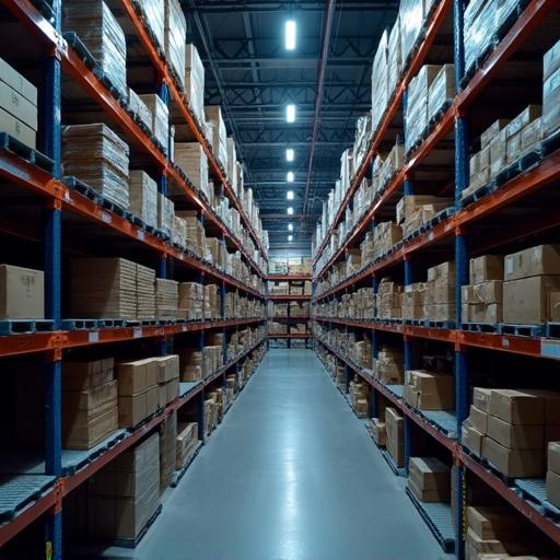 Warehouse interior with wireless connectivity. Three workers checking inventory. Shelves filled with boxes. Bright lights overhead. Workers using tablets and smartphones for data access.