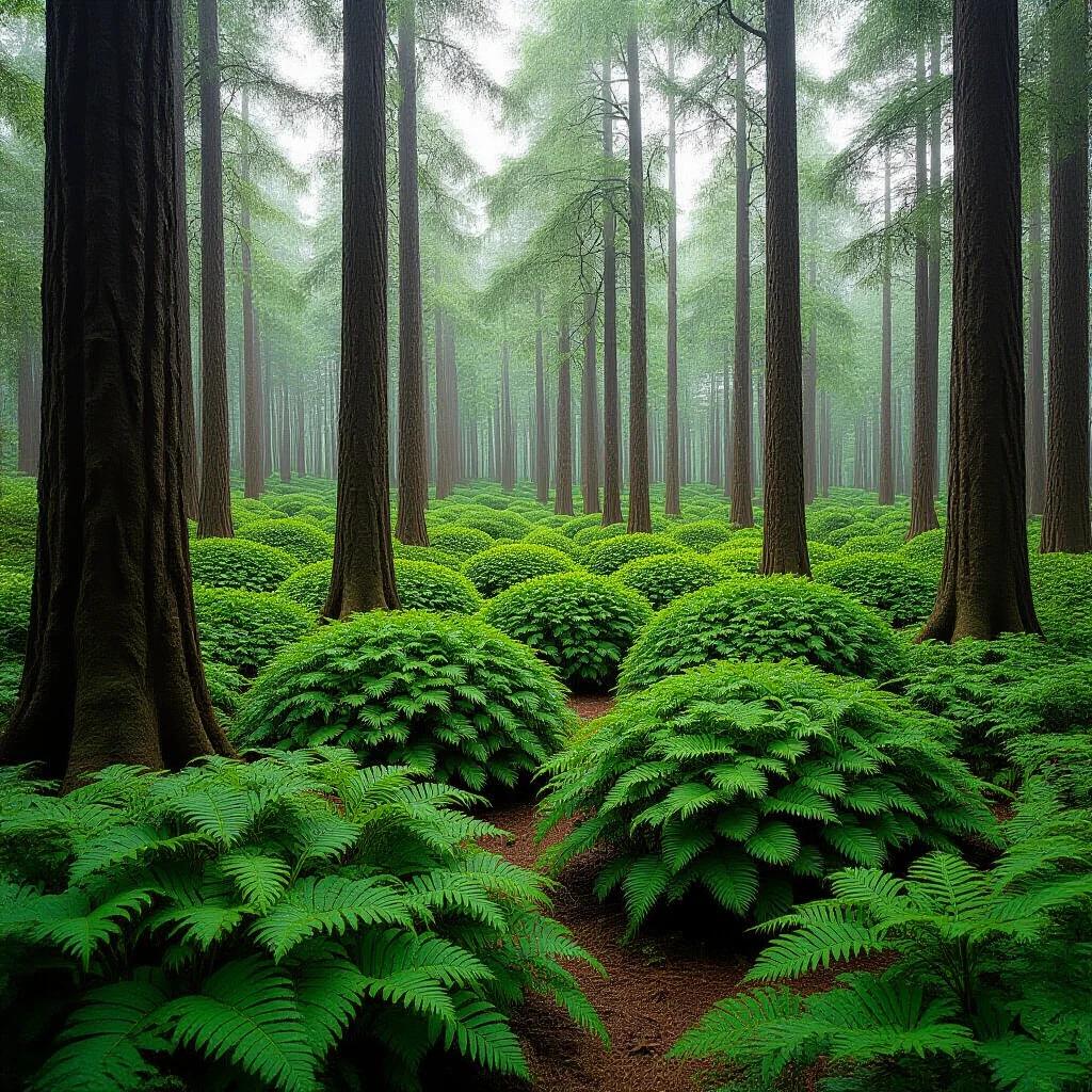 Lush forest scene filled with green ferns and tall trees. The atmosphere is tranquil and misty, creating a serene natural environment. A dense undergrowth of ferns forms rounded shapes on the forest floor.