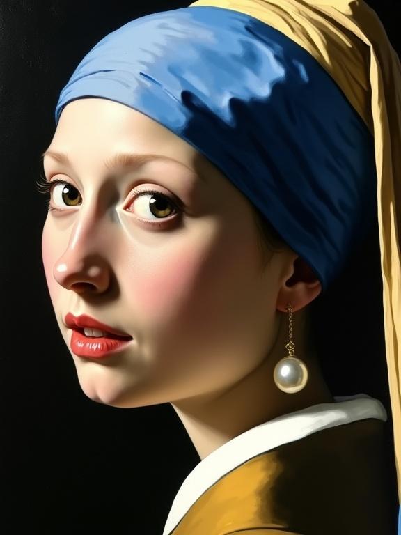 Painting of a girl with a pearl earring. Style of Dutch Golden Age. Close-up perspective. High definition quality. Inspired by late 19th century Venetian school. Features Franceso Solimena's painting style.