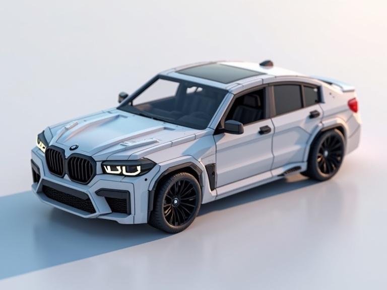A modern BMW sedan designed in a voxel style. The vehicle features a cubical 3D design. The car appears sleek and futuristic.
