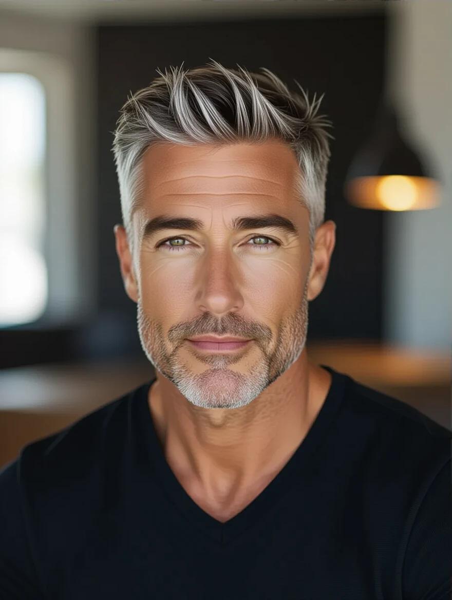 High-resolution image of a charismatic man with short-cropped silver hair. Smooth, lightly tanned skin. Calm and confident expression. Light crow’s feet adding character to smile. Wearing a black V-neck T-shirt complementing muscular build. Background is a minimalist living room with a matte black wall and modern wood furniture. Single floor lamp turned on casting warm ambient light. Focus on face with cinematic close-up.