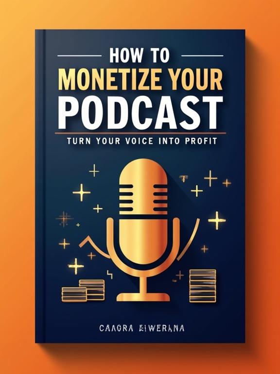 Dynamic modern eBook cover. Merge podcasting and monetization. Bold minimalist microphone icon centered. Subtle dollar signs or coin stacks. Vibrant gradient background from deep navy to orange. Crisp sans-serif typography: title 'How to Monetize Your Podcast' in white or gold lettering at the top, small subtitle 'Turn Your Voice Into Profit' below. Add soundwaves or upward-trending arrows in metallic accents. Sleek uncluttered design to appeal to aspiring content creators.