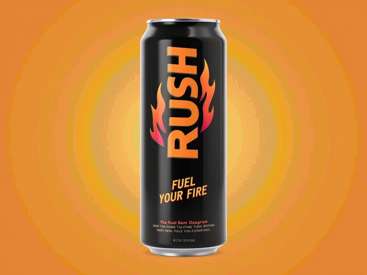 The image features a soda can prominently displaying the name 'Rush' in a bold, fiery font. It is set against a vibrant orange background that captures attention. The can's slogan, 'Fuel Your Fire,' is located below the brand name, adding to its energetic appeal. The color scheme consists of black with flames in red and yellow, enhancing the dynamic feel. The overall design is modern and eye-catching, making it ideal for promoting an energy drink.