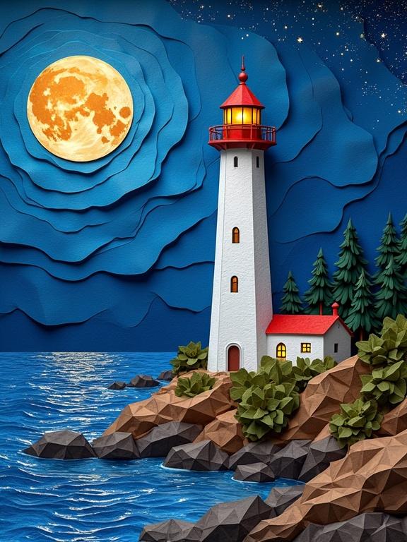 A digitally crafted image of a lighthouse by the sea at night. Blue night sky with a full moon shining over the water. The lighthouse has a red top and white body near rocky terrain. Textured layers represent a papercraft effect. Focus on detailed reflections in the water.
