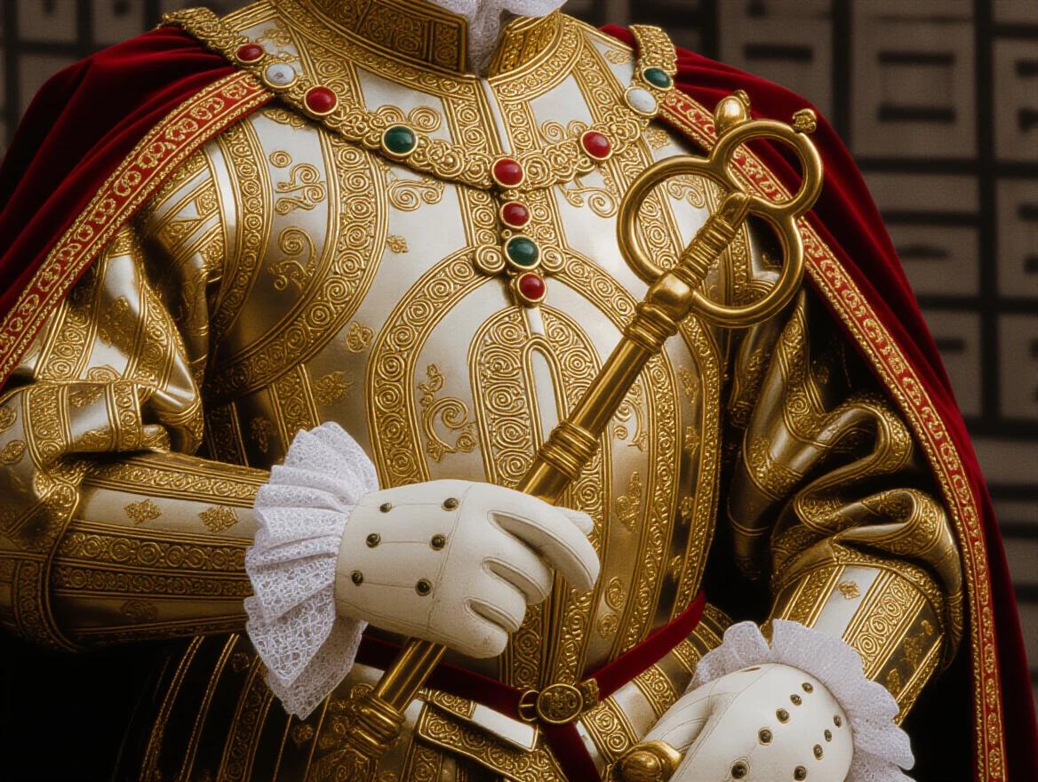 Close-up detail of a master key in the hand of King Philip II. Mysterious ambiance surrounding the figure. Intricate golden armor and royal attire.