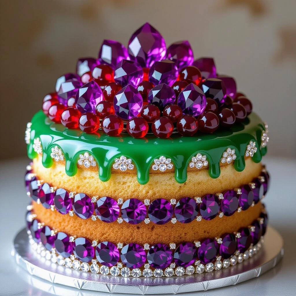 A luxurious multi-tier cake. Layers made of purple amethyst sponge. Icing is vibrant green jade. Top adorned with sparkling faceted rubies. Cake glows with a fantasy jewelry style.