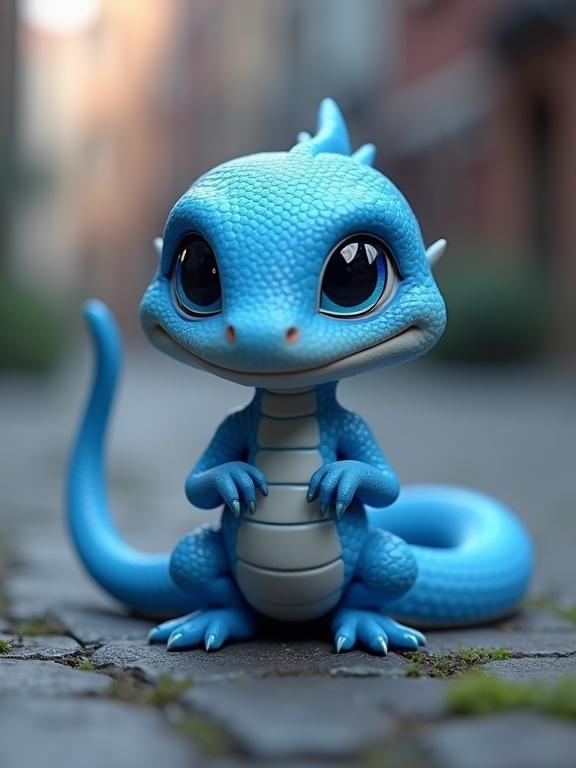 Stylized 3D digital art of a cute chibi character a blue snake man in a blending claymation and photorealistic rendering style. High angle shot and shallow depth of field with soft cinematic lighting.