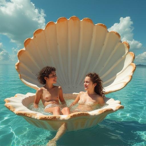 Two children enjoy a bath in a giant clam shell located in calm tropical waters. The scene captures a clear blue sky and gentle clouds above. Bright sunlight enhances the joyful and playful atmosphere.