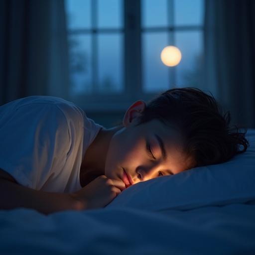 An adult or adolescent lies comfortably in bed with a tranquil expression. Eyes closed and face relaxed. Hands crossed over the chest. Dim warm light symbolizes divine presence. A serene and tidy bedroom background. Moonlight softly entering through a window. Dark blue and lilac tones evoke deep rest.
