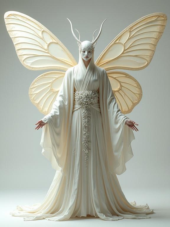Majestic humanoid moth deity stands tall. Large elegant luna moth wings spread wide. Flowing multi-layered robes in ivory white and silver. Robes have colorful floral embroidery. Deity wears white moth-like mask. Delicate moth antennae extend upward. Translucent and pearlescent wings appear symmetrical. Serene and divine atmosphere evokes East Asian mythology. Studio lighting emphasizes textures. Front view captures details.
