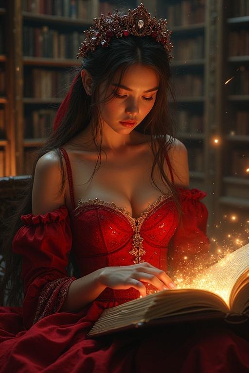 Beautiful woman in a gothic red dress sits at a giant spellbook in an ancient library. She extracts forbidden spells with glittering magical effects around the book. Illustration inspired by Luis Royo, rich in detail and focus on gothic elements.