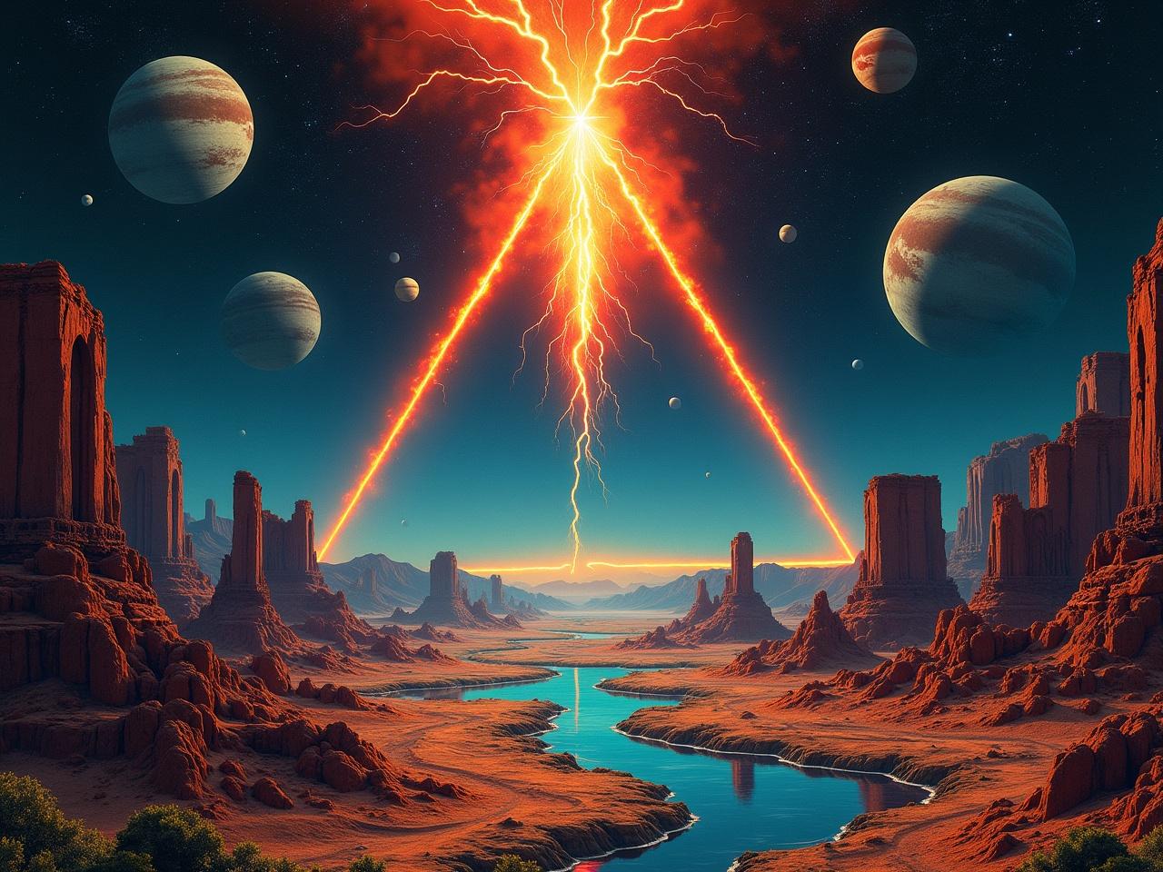 In this vibrant space rock album cover artwork, a striking and unusual cult symbol of a bright air fryer takes center stage, encased within a bold triangle that is assaulted by vivid lightning bolts. Beneath this dynamic feature lies a breathtaking landscape reminiscent of the Pillars of Creation as captured by the James Webb Space Telescope. The scene immerses viewers in an otherworldly atmosphere filled with towering rock formations and serene rivers. Celestial bodies such as planets and moons populate the sky, enhancing the sense of cosmic wonder. Overall, the artwork evokes a feeling of trepidation and curiosity about the vast unknown of space.