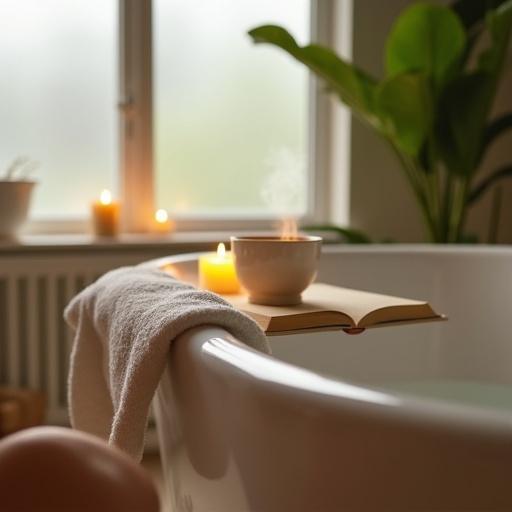 A cozy point-of-view shot from a bath. A candle and an open book sit on the tub's edge. A steaming mug is nearby. A soft towel is folded to the side. A knee is slightly visible in the lower frame. Soft daylight comes through a window. A green plant is in the corner.