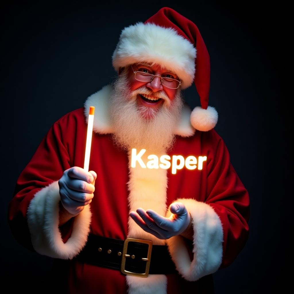 Festive Santa Claus in a red and white suit holds a glowing stick. The stick spells out Kasper in light. Santa has a jolly expression. Background is dark, highlighting the glow. The scene embodies Christmas magic and joy.