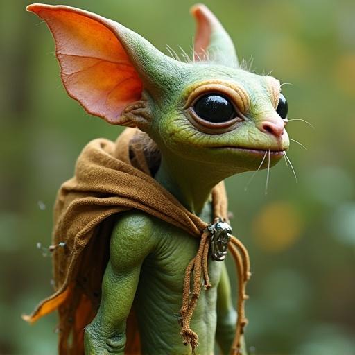 Stitched bloom goblin character with a dusky-green, green-brown, and yellow-green color scheme. Focus on the face and unique features.