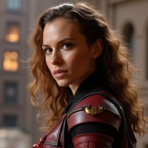 Character in a warrior uniform from Battlestar Galactica, serious expression, stylized photo, soft lighting, urban background.