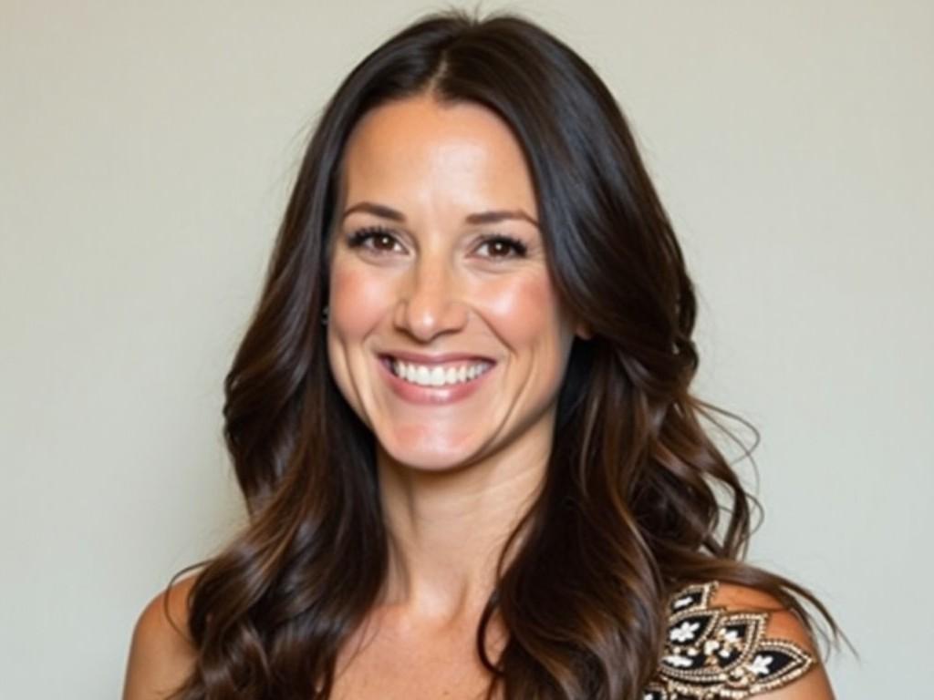 The image features a woman with long, wavy hair and a confident smile. She has a light makeup look that enhances her features. She is dressed in a stylish outfit with a decorative element on the shoulder. The background is neutral, allowing her to be the focal point of the image. Her expression conveys warmth and approachability.