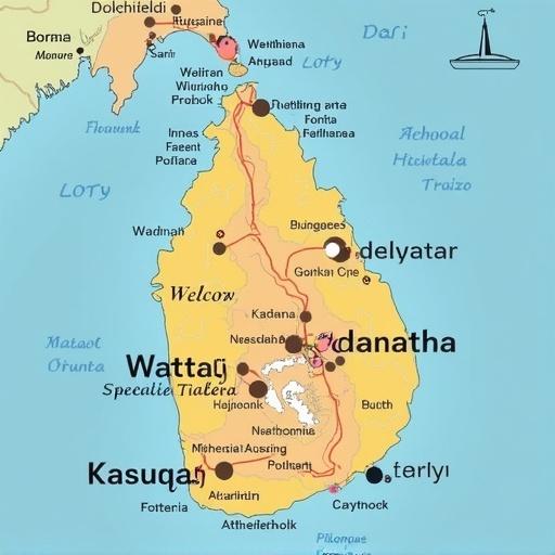 A detailed map showing Sri Lanka with pinpointed locations. Specific locations include Wattala, Kadawatha, and Kadana. The map is colorful and provides cultural context.