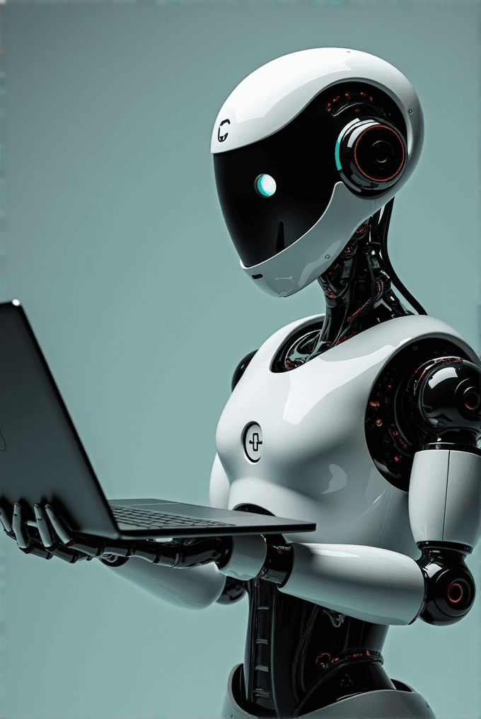 A white robot with futuristic design is intently using a laptop against a clean background.