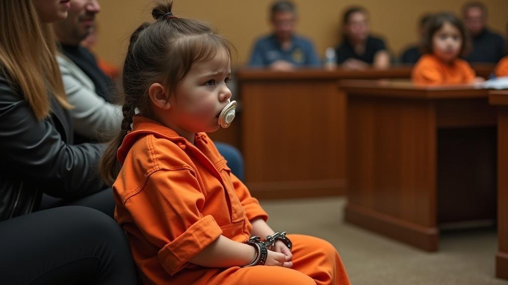 A girl wearing an orange jumpsuit and diaper appears as a prisoner in courtroom. She is handcuffed and sitting alone. She has a pacifier in her mouth. The courtroom audience shows support for the judge. The girl's mother seems to be advocating for a harsher sentence. Other children with pacifiers await judgment with their parents nearby.