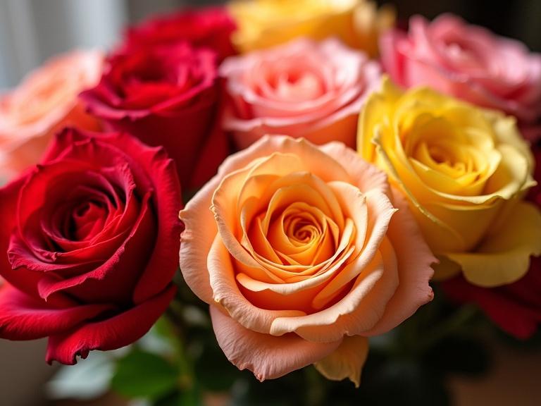 A vibrant bouquet of roses in red, yellow, and pink. Softly lit with textures in a romantic aesthetic.