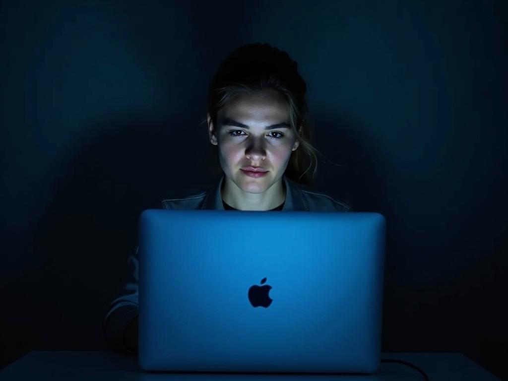 A person sits in a dark room with focused energy, illuminated by the glow of a laptop. The scene is intimate and slightly mysterious, showcasing an individual engaging with technology. The blue light from the screen casts soft shadows, emphasizing the contours of the person's face. This atmosphere reflects a modern digital lifestyle, possibly linked to themes of online learning or cybersecurity. The overall mood is somber yet engaging, highlighting the relationship between humans and technology.