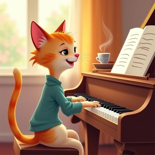 A cartoon cat playing a piano with a smile. A cup of coffee is placed on the piano. The cat looks cute and slim. The scene is cozy and warm.